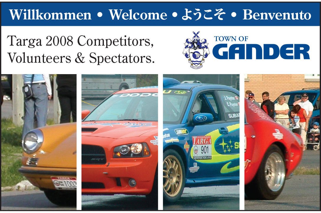 An ad for Targa NL. It says welcome in four languages and has a picture of four cars with nationalities fitting the languages.